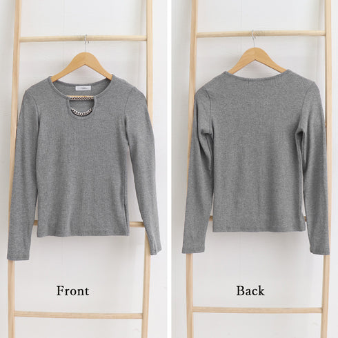 ネックレス風 Tシャツ レディース 長袖 オシャレ チェーン飾り付き カットソー シンプル 無地 トップス オルチャン 着やせインナートップス セクシー 86XANYT-026