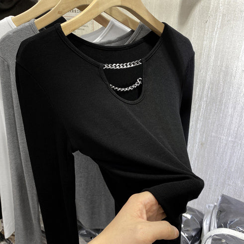 ネックレス風 Tシャツ レディース 長袖 オシャレ チェーン飾り付き カットソー シンプル 無地 トップス オルチャン 着やせインナートップス セクシー 86XANYT-026