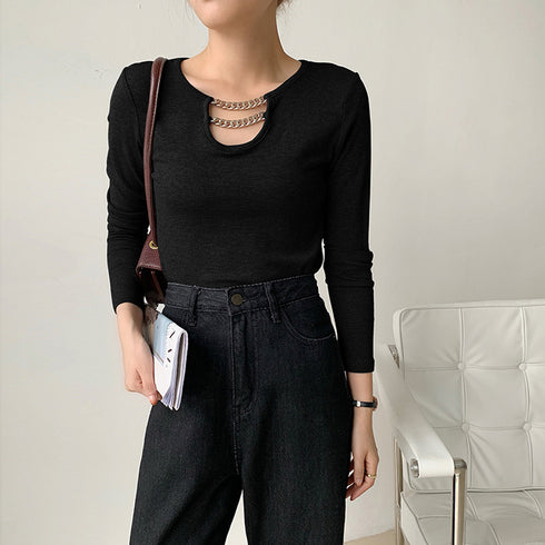 ネックレス風 Tシャツ レディース 長袖 オシャレ チェーン飾り付き カットソー シンプル 無地 トップス オルチャン 着やせインナートップス セクシー 86XANYT-026