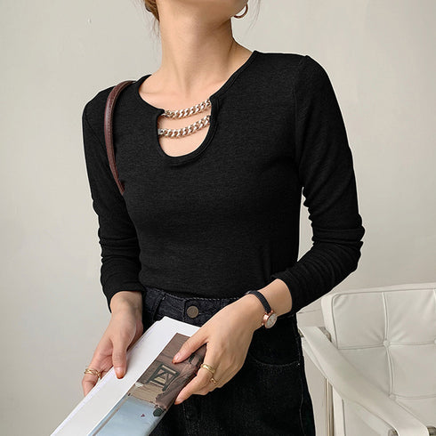 ネックレス風 Tシャツ レディース 長袖 オシャレ チェーン飾り付き カットソー シンプル 無地 トップス オルチャン 着やせインナートップス セクシー 86XANYT-026