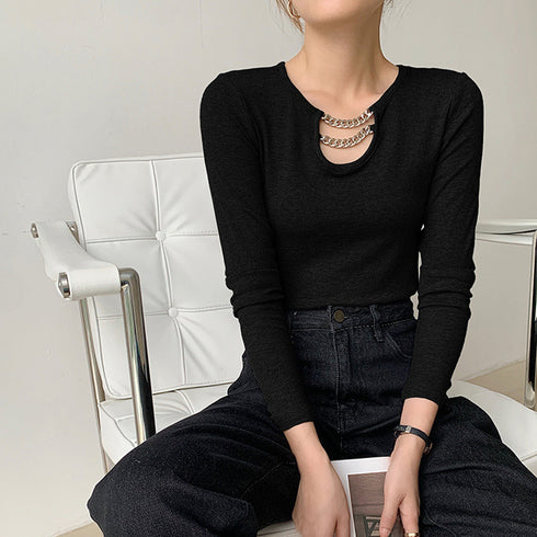 ネックレス風 Tシャツ レディース 長袖 オシャレ チェーン飾り付き カットソー シンプル 無地 トップス オルチャン 着やせインナートップス セクシー 86XANYT-026