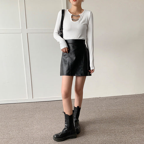 ネックレス風 Tシャツ レディース 長袖 オシャレ チェーン飾り付き カットソー シンプル 無地 トップス オルチャン 着やせインナートップス セクシー 86XANYT-026