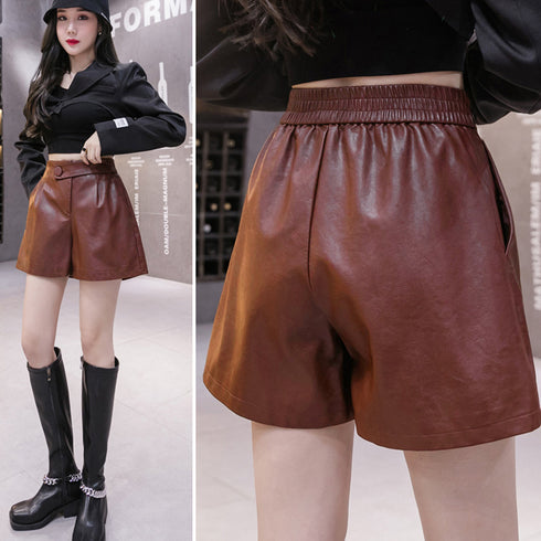 フェイクレザーショートパンツ 細見え PUレザーパンツ ハイウエスト 春秋冬 ショーパン らくちん 裾広 ポケット付き キュロット 美脚シルエット ボトムス 86XANYT-028
