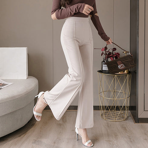 美脚 セミフレアパンツ レディース 韓国 センターシーム ストレッチパンツ きれいめ ハイウエスト アンクルパンツ ブーツカット ロングパンツ 黒 春秋 無地 86XANYT-036