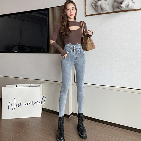 ハイウエスト スキニーデニムパンツ 韓国 ストレッチ ジーンズ レディース 美脚 ジーパン おしゃれ 着やせ バッククロス デニム 細身 ハイライズ 86XANYT-037