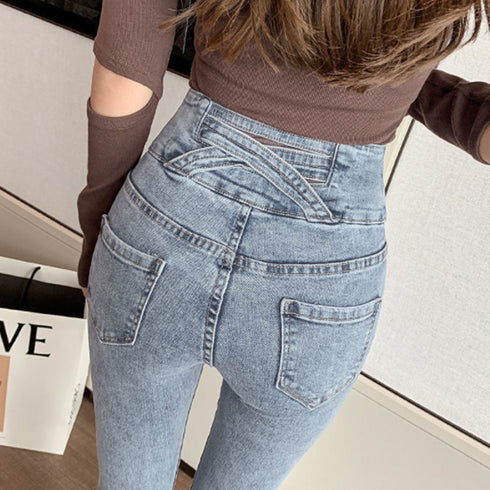 ハイウエスト スキニーデニムパンツ 韓国 ストレッチ ジーンズ レディース 美脚 ジーパン おしゃれ 着やせ バッククロス デニム 細身 ハイライズ 86XANYT-037
