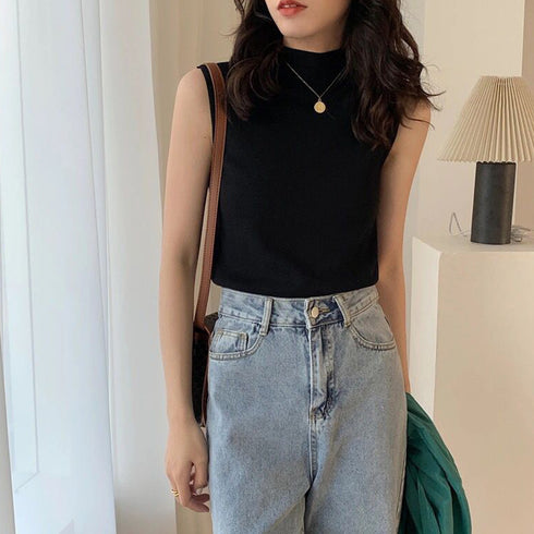 タンクトップ プチハイネック レディース シンプル ノースリーブ ニットトップス 無地 サマーニット 着やせ オシャレ 袖なしニットカットソー 韓国ファッション 86XANYT-038
