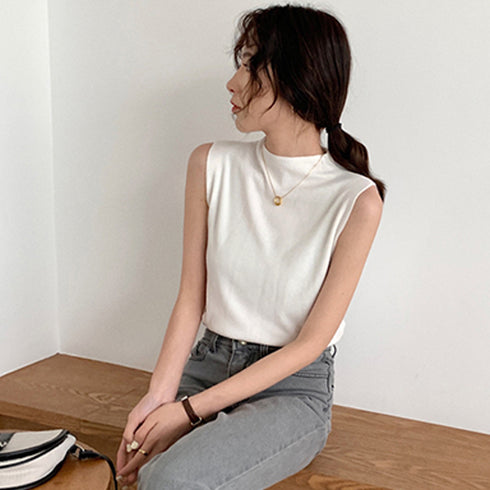 タンクトップ プチハイネック レディース シンプル ノースリーブ ニットトップス 無地 サマーニット 着やせ オシャレ 袖なしニットカットソー 韓国ファッション 86XANYT-038