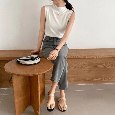 タンクトップ プチハイネック レディース シンプル ノースリーブ ニットトップス 無地 サマーニット 着やせ オシャレ 袖なしニットカットソー 韓国ファッション 86XANYT-038