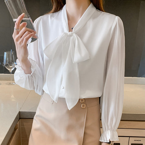 リボンタイブラウス レディース きれいめ ボウタイブラウス パフスリーブ とろみシャツ おしゃれ 光沢感 トップス 無地 Vネック オフィスカジュアル フェミニン 86XANYT-045