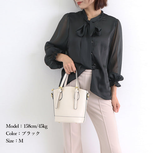 リボンタイブラウス レディース きれいめ ボウタイブラウス パフスリーブ とろみシャツ おしゃれ 光沢感 トップス 無地 Vネック オフィスカジュアル フェミニン 86XANYT-045
