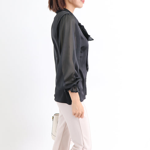 リボンタイブラウス レディース きれいめ ボウタイブラウス パフスリーブ とろみシャツ おしゃれ 光沢感 トップス 無地 Vネック オフィスカジュアル フェミニン 86XANYT-045