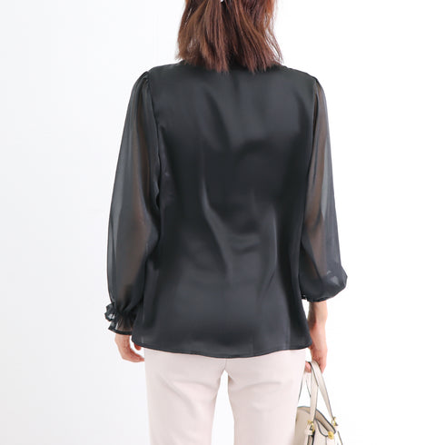 リボンタイブラウス レディース きれいめ ボウタイブラウス パフスリーブ とろみシャツ おしゃれ 光沢感 トップス 無地 Vネック オフィスカジュアル フェミニン 86XANYT-045