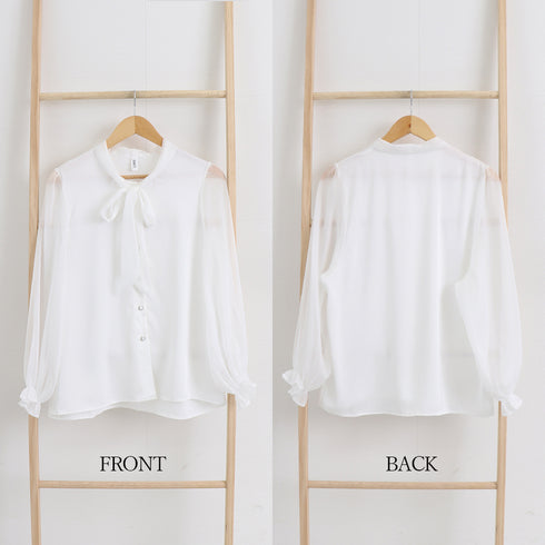 リボンタイブラウス レディース きれいめ ボウタイブラウス パフスリーブ とろみシャツ おしゃれ 光沢感 トップス 無地 Vネック オフィスカジュアル フェミニン 86XANYT-045