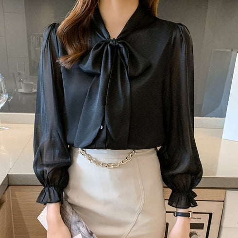リボンタイブラウス レディース きれいめ ボウタイブラウス パフスリーブ とろみシャツ おしゃれ 光沢感 トップス 無地 Vネック オフィスカジュアル フェミニン 86XANYT-045