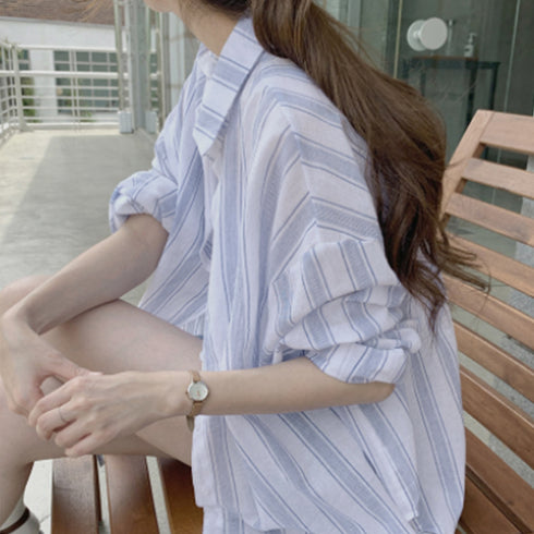 ストライプシャツ レディース カジュアル 春夏 長袖 シャツカーディガン 大人ブラウス 薄手 カジュアル 羽織り UV対策 ゆったり 着やせ Vネック ストリート 86XANYT-051