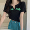 サマー ニットtシャツ レディース 韓国 Vネックトップス 半袖 カットソー ロゴt ショート丈 薄手 ニットトップス夏服 かわいい Tシャツ おしゃれ お洒落 86XANYT-052