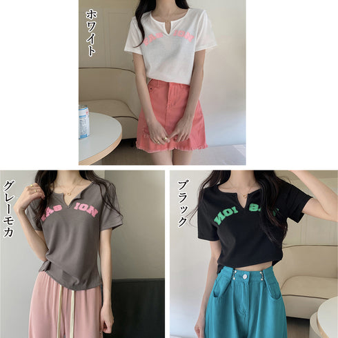 サマー ニットtシャツ レディース 韓国 Vネックトップス 半袖 カットソー ロゴt ショート丈 薄手 ニットトップス夏服 かわいい Tシャツ おしゃれ お洒落 86XANYT-052