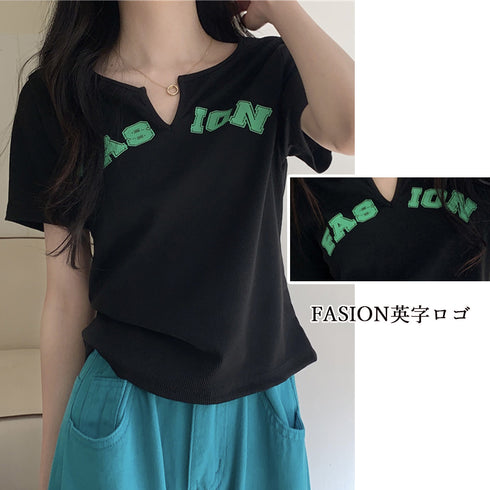 サマー ニットtシャツ レディース 韓国 Vネックトップス 半袖 カットソー ロゴt ショート丈 薄手 ニットトップス夏服 かわいい Tシャツ おしゃれ お洒落 86XANYT-052