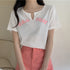 サマー ニットtシャツ レディース 韓国 Vネックトップス 半袖 カットソー ロゴt ショート丈 薄手 ニットトップス夏服 かわいい Tシャツ おしゃれ お洒落 86XANYT-052