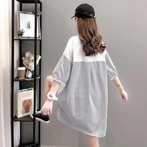 ロゴ チュニック 夏ロングTシャツ 半袖 レディース プルオーバー イレギュラーヘム ビッグtシャツ ストライプ 切り替え シャツブラウス サイドスリット袖フリル 86XANYT-056