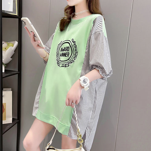 ロゴ チュニック 夏ロングTシャツ 半袖 レディース プルオーバー イレギュラーヘム ビッグtシャツ ストライプ 切り替え シャツブラウス サイドスリット袖フリル 86XANYT-056
