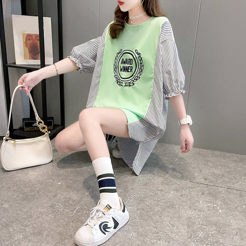 ロゴ チュニック 夏ロングTシャツ 半袖 レディース プルオーバー イレギュラーヘム ビッグtシャツ ストライプ 切り替え シャツブラウス サイドスリット袖フリル 86XANYT-056