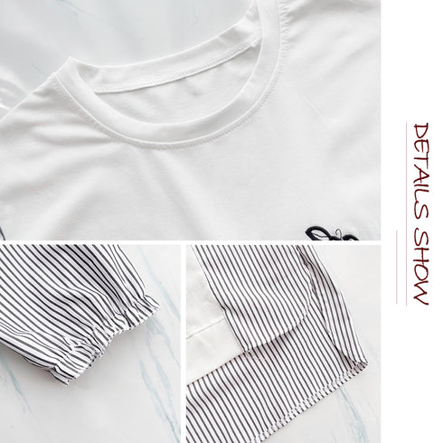 ロゴ チュニック 夏ロングTシャツ 半袖 レディース プルオーバー イレギュラーヘム ビッグtシャツ ストライプ 切り替え シャツブラウス サイドスリット袖フリル 86XANYT-056