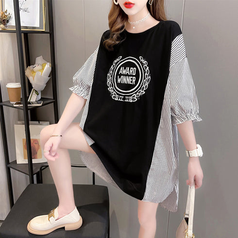 ロゴ チュニック 夏ロングTシャツ 半袖 レディース プルオーバー イレギュラーヘム ビッグtシャツ ストライプ 切り替え シャツブラウス サイドスリット袖フリル 86XANYT-056