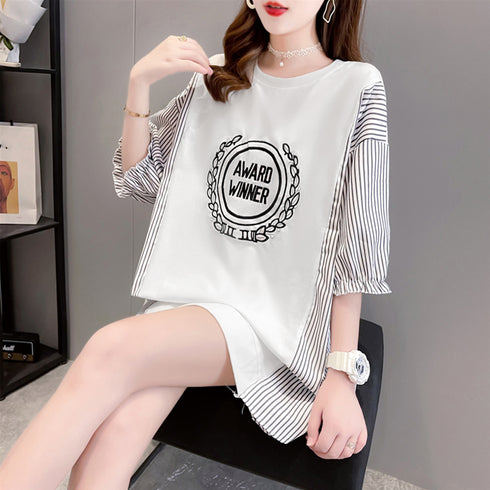 ロゴ チュニック 夏ロングTシャツ 半袖 レディース プルオーバー イレギュラーヘム ビッグtシャツ ストライプ 切り替え シャツブラウス サイドスリット袖フリル 86XANYT-056