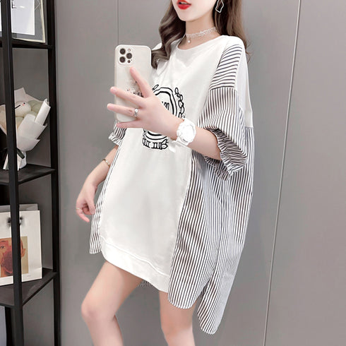 ロゴ チュニック 夏ロングTシャツ 半袖 レディース プルオーバー イレギュラーヘム ビッグtシャツ ストライプ 切り替え シャツブラウス サイドスリット袖フリル 86XANYT-056