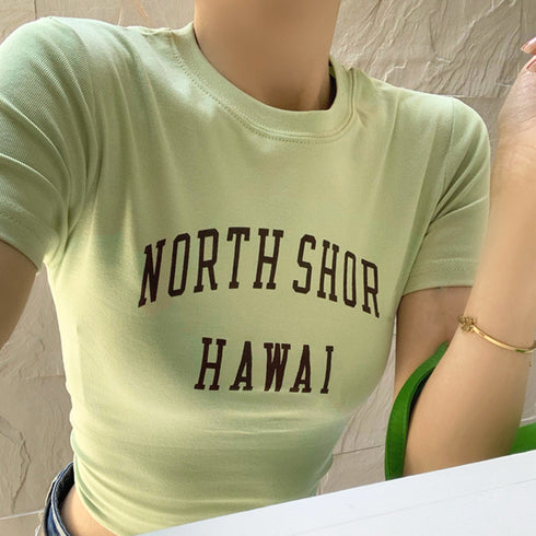ショート丈トップス レディース へそ出し セクシー クロップド丈 tシャツ ロゴプリント 半袖カットソー クルーネックオシャレダンス衣装 着やせTシャツ レトロ風 86XANYT-057