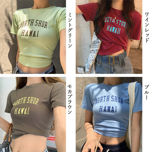 ショート丈トップス レディース へそ出し セクシー クロップド丈 tシャツ ロゴプリント 半袖カットソー クルーネックオシャレダンス衣装 着やせTシャツ レトロ風 86XANYT-057