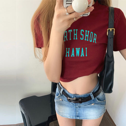 ショート丈トップス レディース へそ出し セクシー クロップド丈 tシャツ ロゴプリント 半袖カットソー クルーネックオシャレダンス衣装 着やせTシャツ レトロ風 86XANYT-057