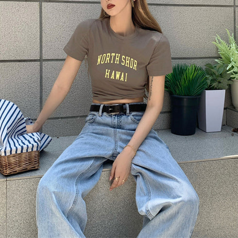 ショート丈トップス レディース へそ出し セクシー クロップド丈 tシャツ ロゴプリント 半袖カットソー クルーネックオシャレダンス衣装 着やせTシャツ レトロ風 86XANYT-057