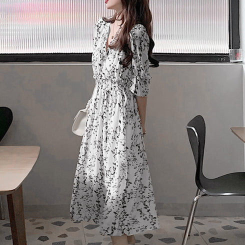花柄 フレアワンピース春夏カシュクール風 レディース 上品 Vネック ロングワンピース 半袖 リゾートワンピ レジャー旅行 大人サマーワンピ ウエストマーク韓国風 86XANYT-058