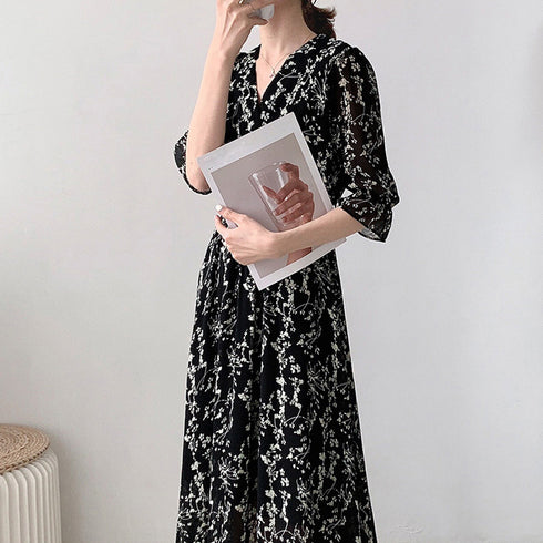 花柄 フレアワンピース春夏カシュクール風 レディース 上品 Vネック ロングワンピース 半袖 リゾートワンピ レジャー旅行 大人サマーワンピ ウエストマーク韓国風 86XANYT-058