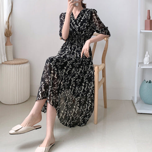 花柄 フレアワンピース春夏カシュクール風 レディース 上品 Vネック ロングワンピース 半袖 リゾートワンピ レジャー旅行 大人サマーワンピ ウエストマーク韓国風 86XANYT-058