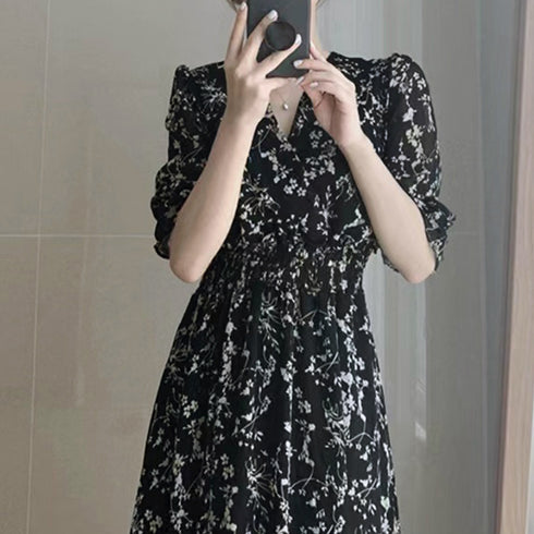 花柄 フレアワンピース春夏カシュクール風 レディース 上品 Vネック ロングワンピース 半袖 リゾートワンピ レジャー旅行 大人サマーワンピ ウエストマーク韓国風 86XANYT-058