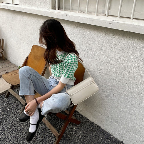チドリ柄サマーニット レディース夏服半袖 パフスリーブ ラウンドネック ニットトップス 千鳥格子柄 韓国プルオーバー カジュアル 五分袖ニットソー レトロ春秋夏 86XANYT-061
