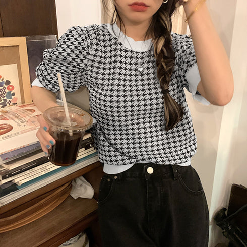 チドリ柄サマーニット レディース夏服半袖 パフスリーブ ラウンドネック ニットトップス 千鳥格子柄 韓国プルオーバー カジュアル 五分袖ニットソー レトロ春秋夏 86XANYT-061
