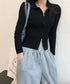 リブニットトップスレディースジップアップ ニットセーター 前開き フィット感 きれいめ フロントZIP ショート丈 Vネック 長袖ニットアウター 無地 オルチャン 86XANYT-063