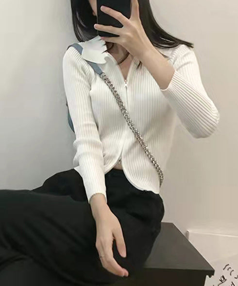リブニットトップスレディースジップアップ ニットセーター 前開き フィット感 きれいめ フロントZIP ショート丈 Vネック 長袖ニットアウター 無地 オルチャン 86XANYT-063