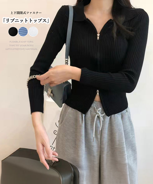 リブニットトップスレディースジップアップ ニットセーター 前開き フィット感 きれいめ フロントZIP ショート丈 Vネック 長袖ニットアウター 無地 オルチャン 86XANYT-063