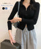 リブニットトップスレディースジップアップ ニットセーター 前開き フィット感 きれいめ フロントZIP ショート丈 Vネック 長袖ニットアウター 無地 オルチャン 86XANYT-063