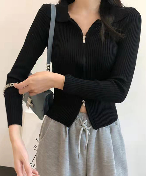 リブニットトップスレディースジップアップ ニットセーター 前開き フィット感 きれいめ フロントZIP ショート丈 Vネック 長袖ニットアウター 無地 オルチャン 86XANYT-063