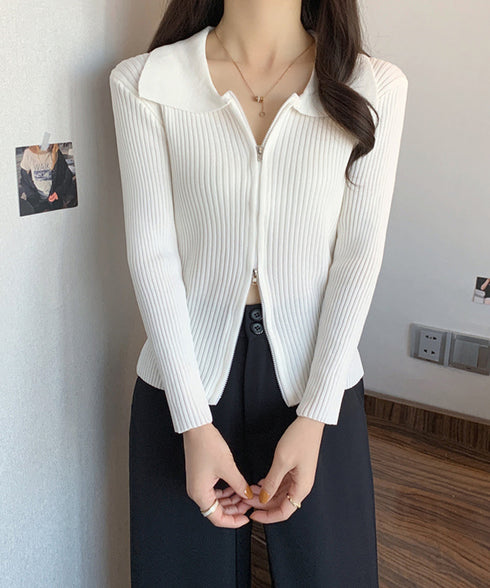 リブニットトップスレディースジップアップ ニットセーター 前開き フィット感 きれいめ フロントZIP ショート丈 Vネック 長袖ニットアウター 無地 オルチャン 86XANYT-063