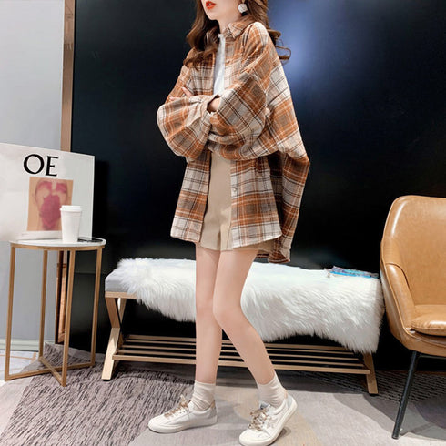 チェック柄シャツ 起毛シャツブラウス韓国 BIGシルエット ライトアウター レディース ゆったり カジュアル チュニックシャツ ドロップショルダーカーディガン 86XANYT-064