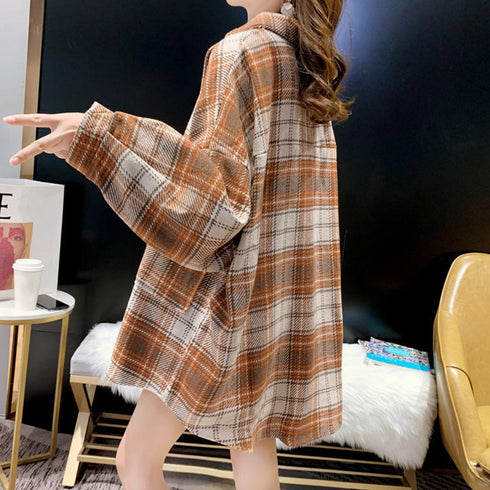チェック柄シャツ 起毛シャツブラウス韓国 BIGシルエット ライトアウター レディース ゆったり カジュアル チュニックシャツ ドロップショルダーカーディガン 86XANYT-064
