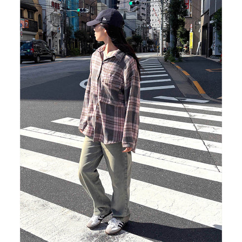 チェック柄シャツ 起毛シャツブラウス韓国 BIGシルエット ライトアウター レディース ゆったり カジュアル チュニックシャツ ドロップショルダーカーディガン 86XANYT-064
